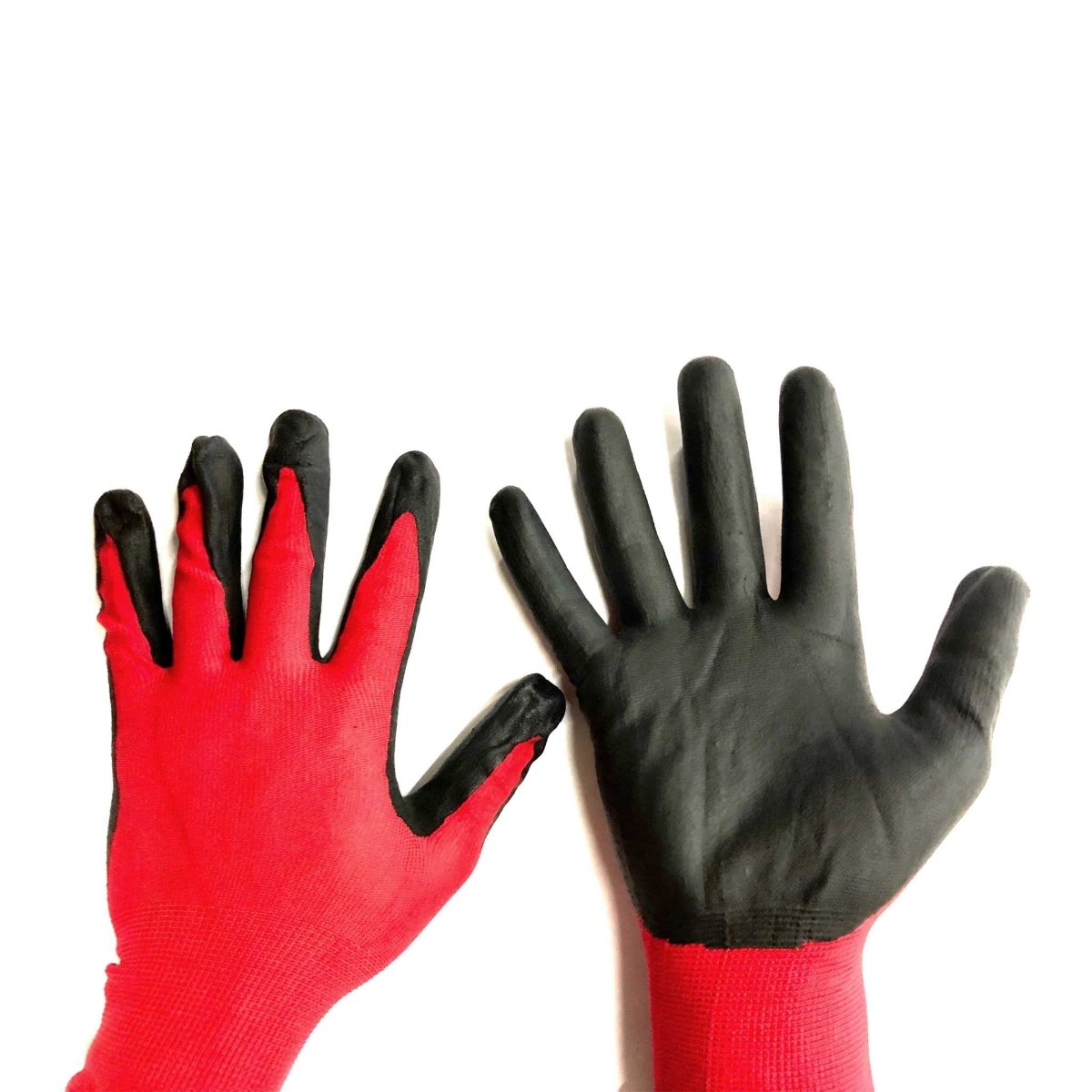 Pair of red and black nitrile coated work gloves with palms facing up and down on white background.